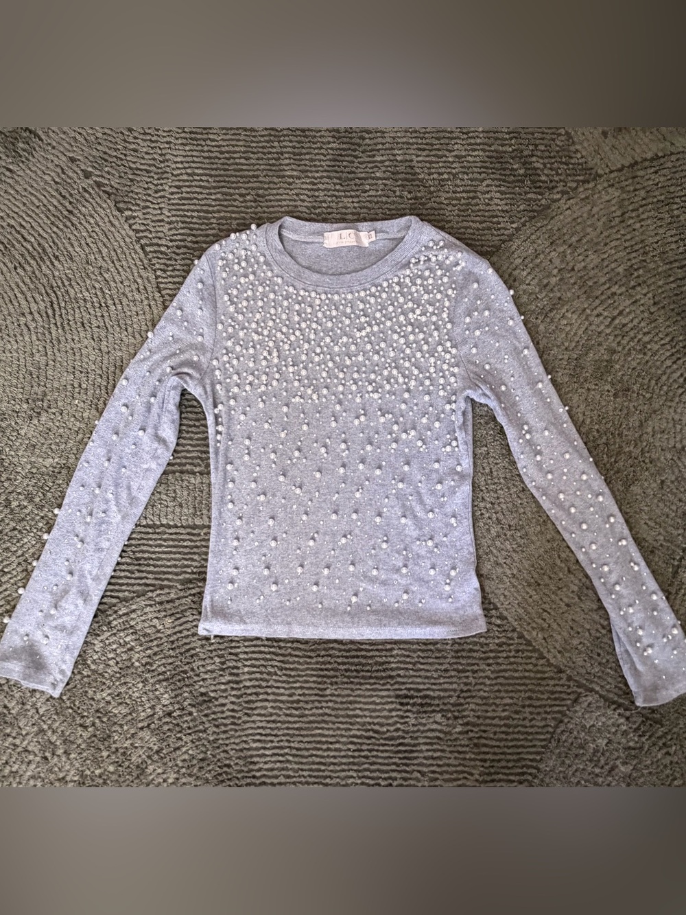 Pearl-Accent Light Gray Crewneck Sweater